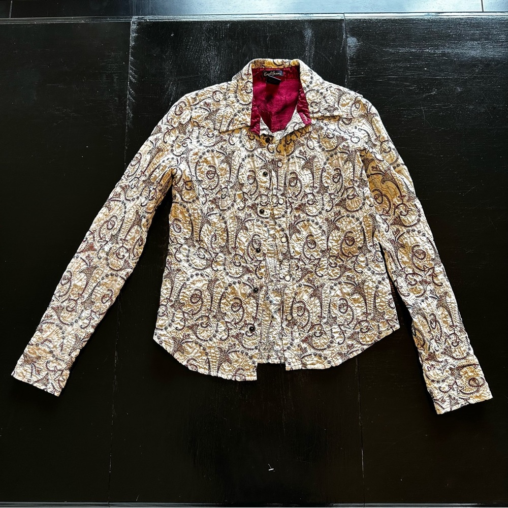 Vintage Earl Jeans Small White and Maroon Button Down Light Jacket Pearl Snap